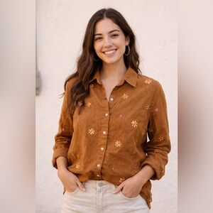 Vintage Linen embroidered floral shirt Shacket tan with flowers
